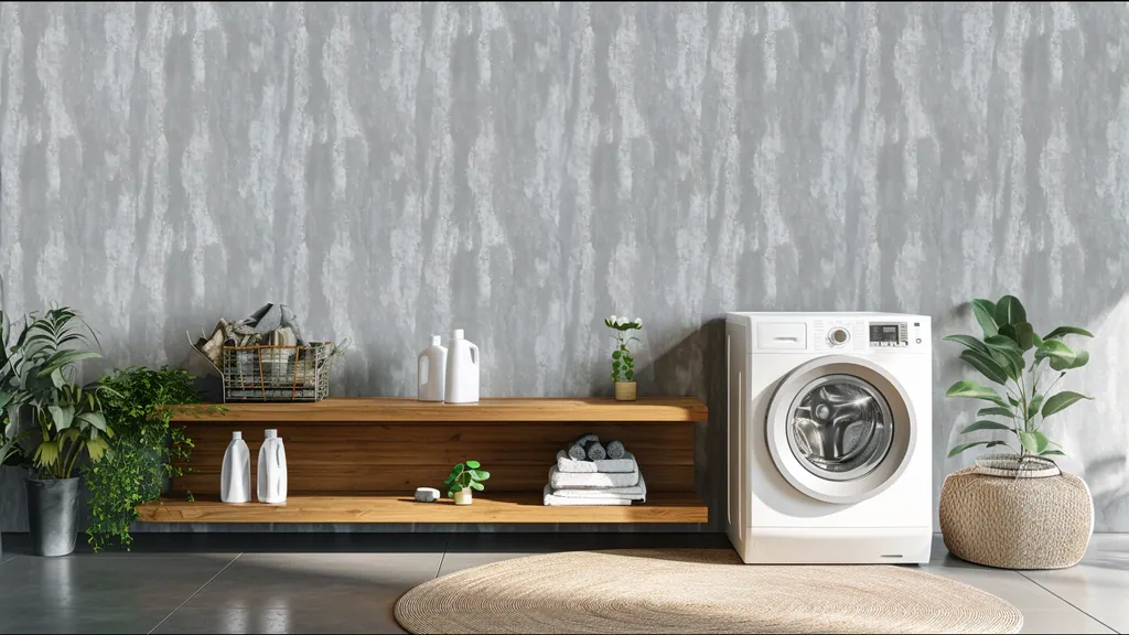 Salón con pared revestida en panel de listones Ultrapanel acabado madera gris ahumado