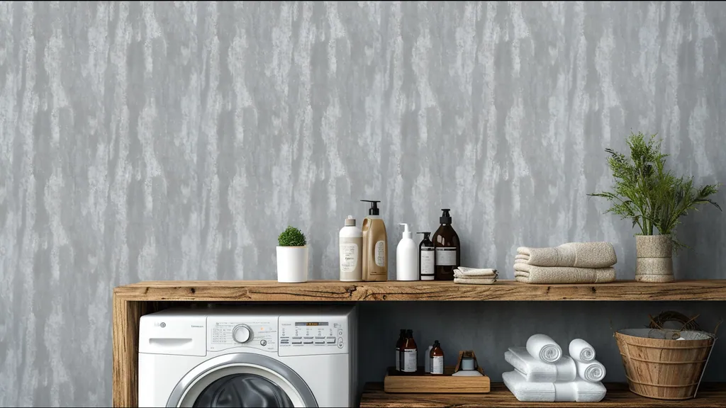 Lavadero y zonas de servicio con la pared revestida en panel decorativo Ultrapanel madera gris ahumado