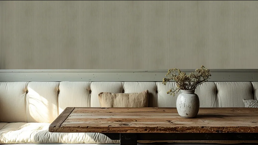 Salón con la pared revestida en panel decorativo Ultrapanel lino natural