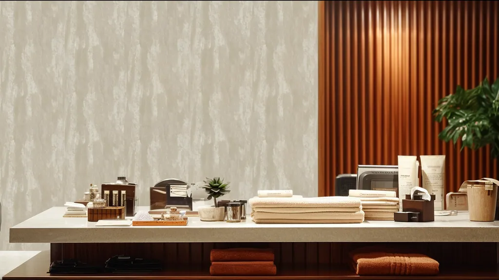 Oficina y recepción con la pared revestida en panel decorativo Ultrapanel madera natural en tonos beige
