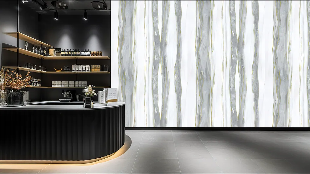 Pared de interior revestida con panel madera plateada de Ultrapanel, ambiente 2