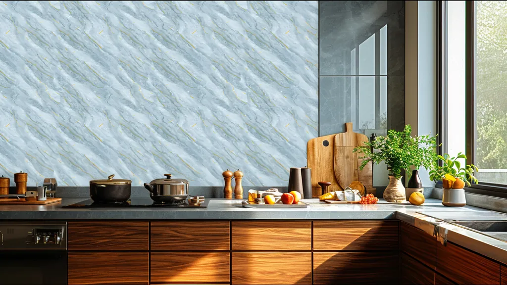 Pared de interior revestida con panel mármol azul exótico con vetas doradas de Ultrapanel, ambiente 1