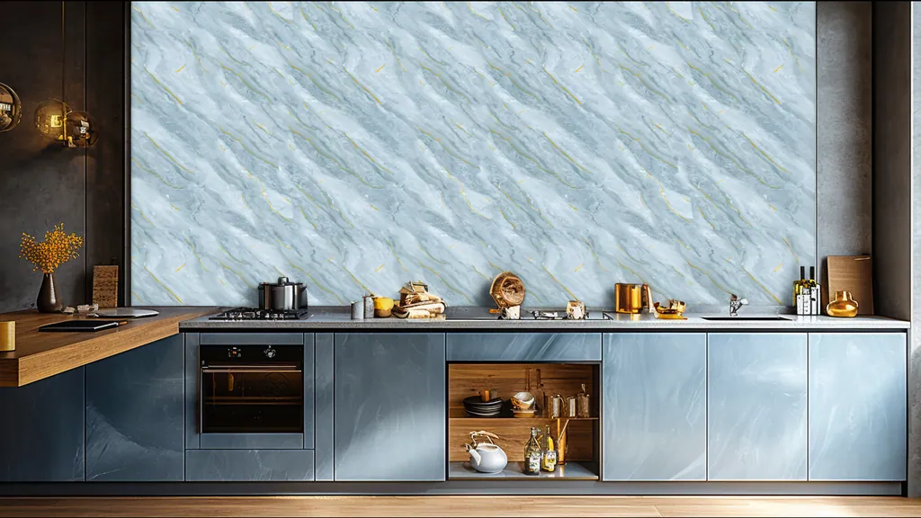 Cocina con la pared revestida en panel decorativo Ultrapanel mármol azul exótico con vetas doradas