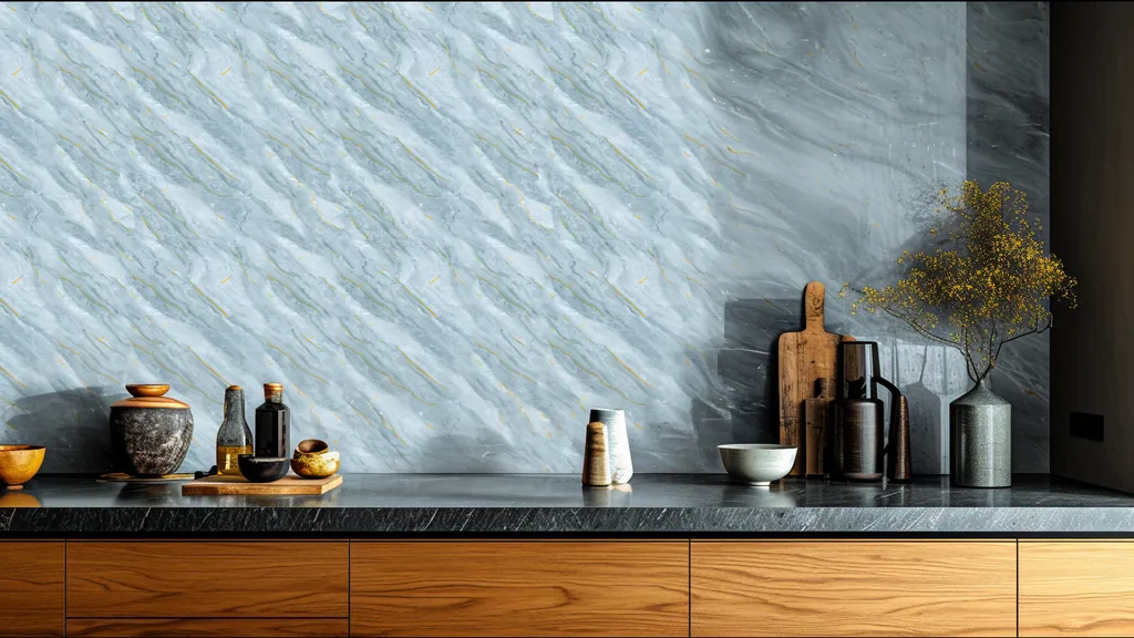 Cocina con la pared revestida en panel decorativo Ultrapanel mármol azul exótico con vetas doradas