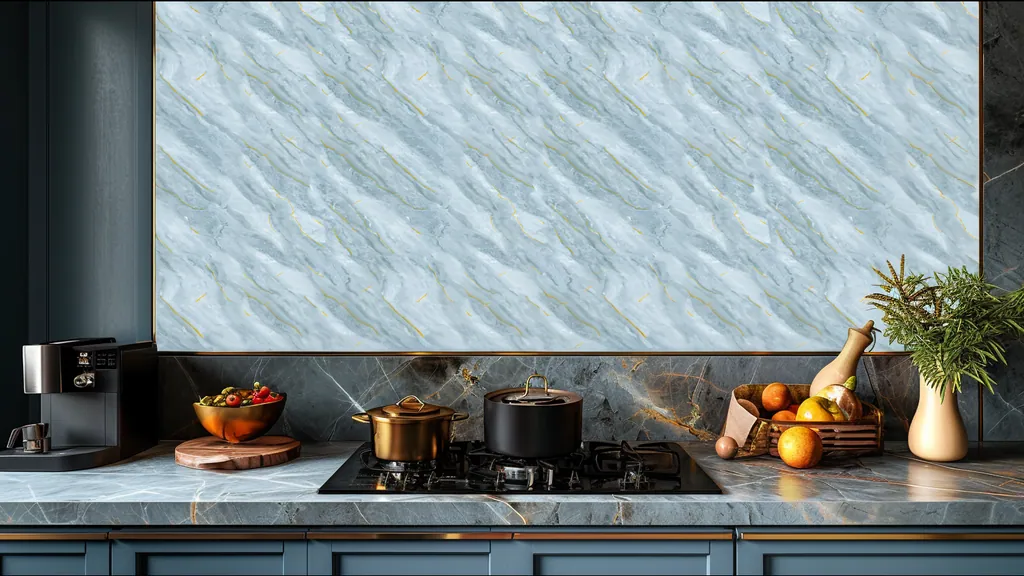 Pared de interior revestida con panel mármol azul exótico con vetas doradas de Ultrapanel, ambiente 4
