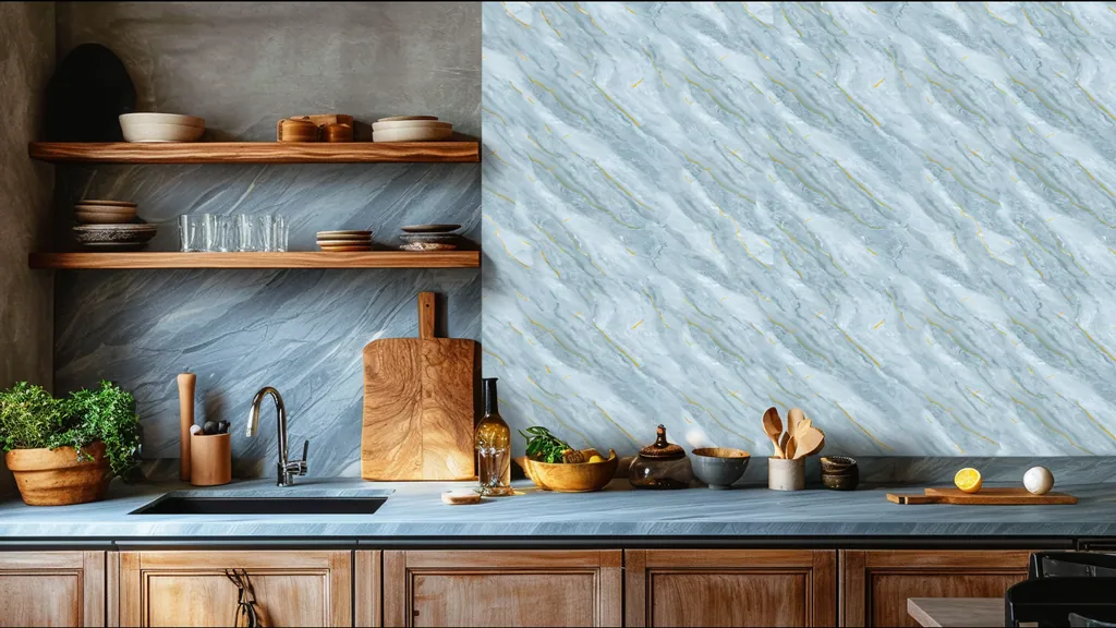 Pared de interior revestida con panel mármol azul exótico con vetas doradas de Ultrapanel, ambiente 6