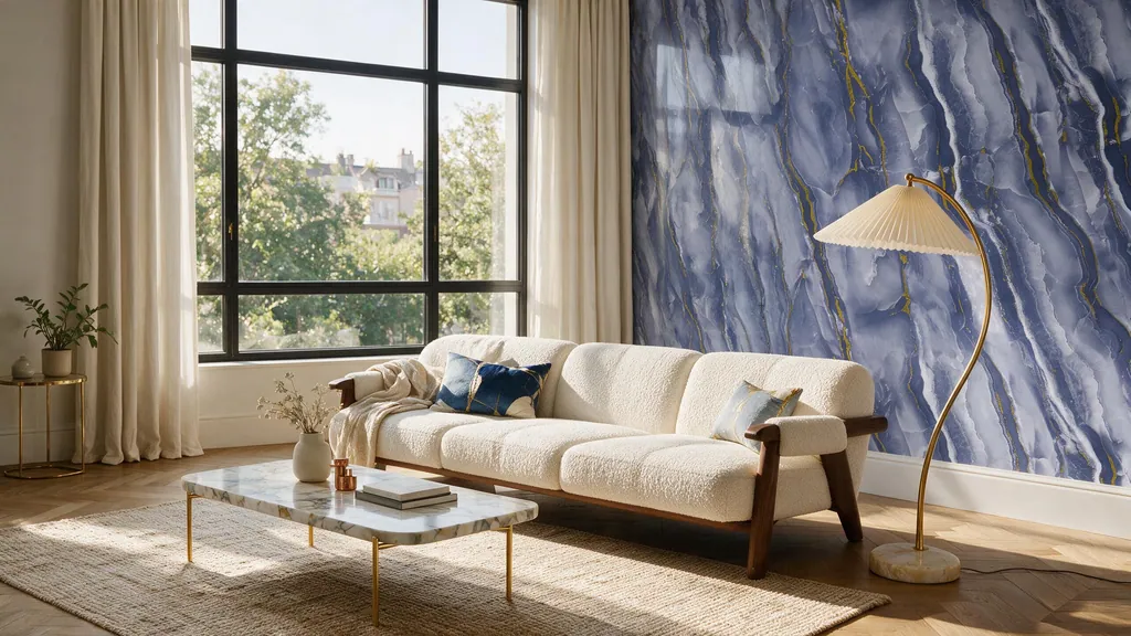 Un salón con la pared revestida con el panel mármol azul lujo con vetas doradas y blancas de Ultrapanel