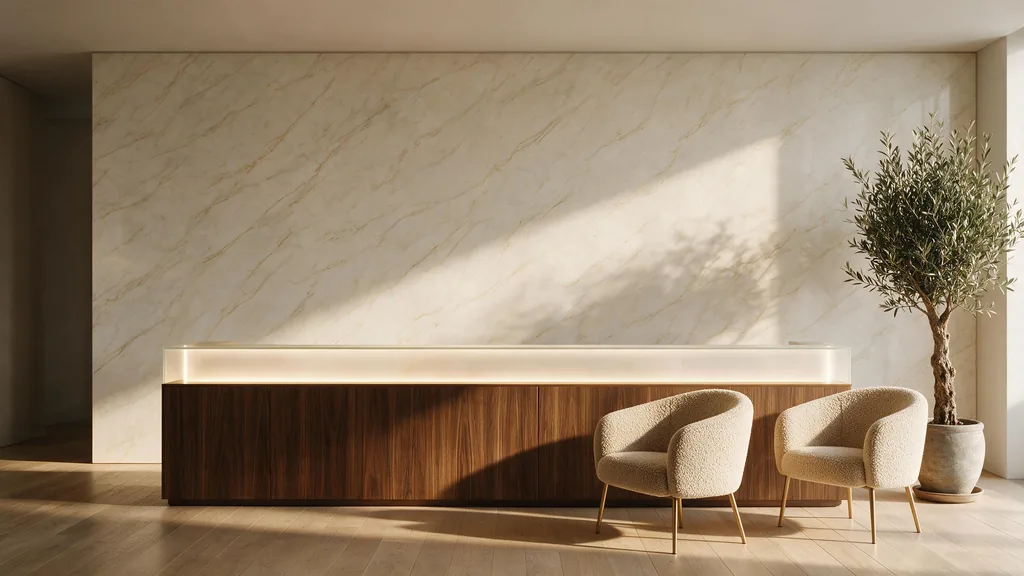 La recepción de una oficina con la pared revestida con el panel mármol beige claro con vetas sutiles de Ultrapanel