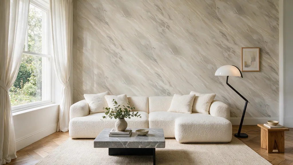 Un salón con la pared revestida con el panel mármol beige ondulado con tonos relajantes de Ultrapanel