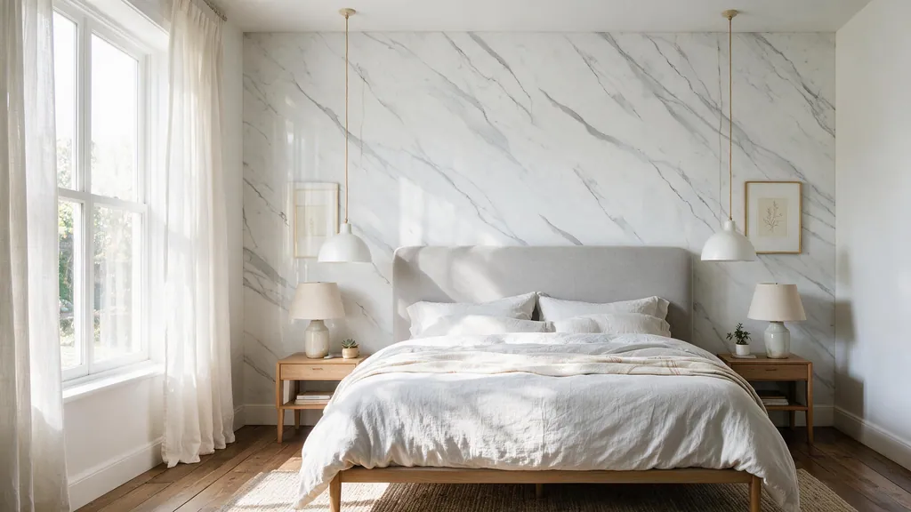 Un dormitorio principal con la pared revestida con el panel mármol blanco clásico con vetas grises suaves de Ultrapanel