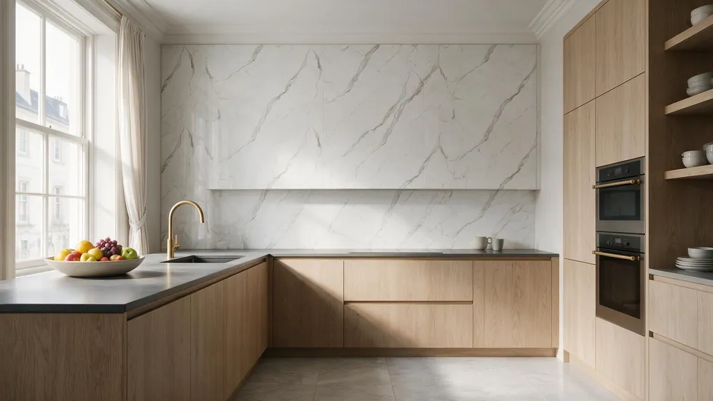 Una cocina con la pared revestida con el panel mármol blanco minimalista con vetas grises finas de Ultrapanel