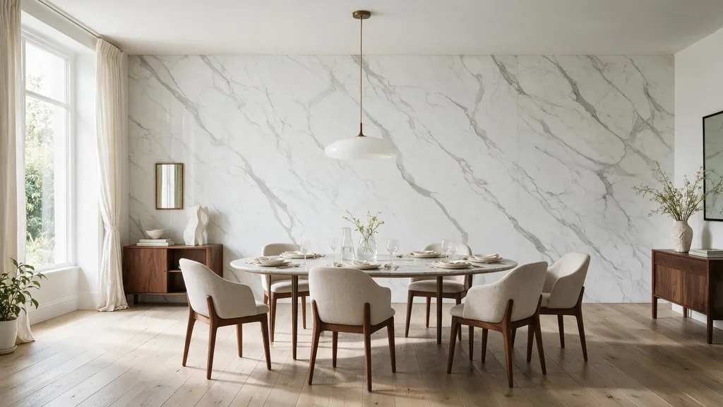 Un comedor con la pared revestida con el panel mármol blanco suave con vetas grises delicadas de Ultrapanel