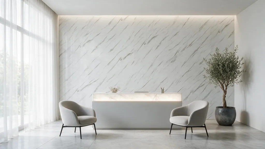 La recepción de una oficina con la pared revestida con el panel mármol blanco con vetas grises diagonales de Ultrapanel