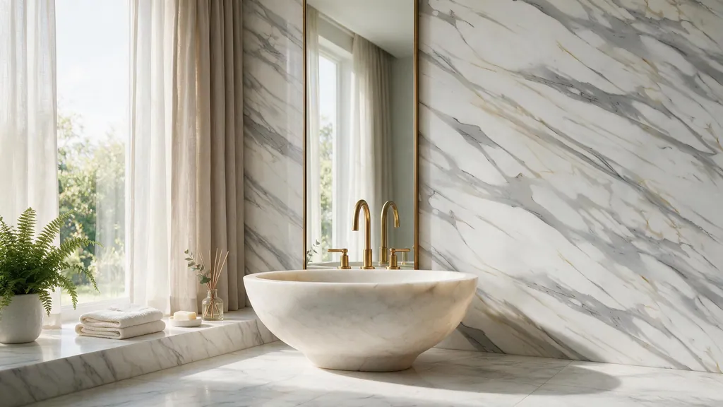 Un baño con la pared revestida con el panel mármol blanco con vetas grises y doradas elegantes de Ultrapanel