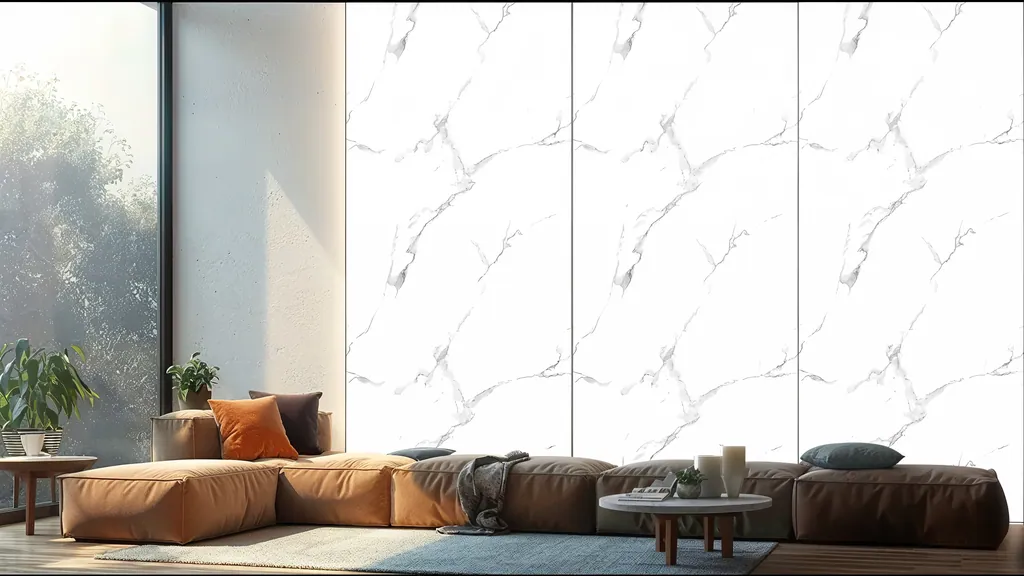 Pared de interior revestida con panel mármol blanco con vetas grises sobre fondo blanco de Ultrapanel, ambiente 1