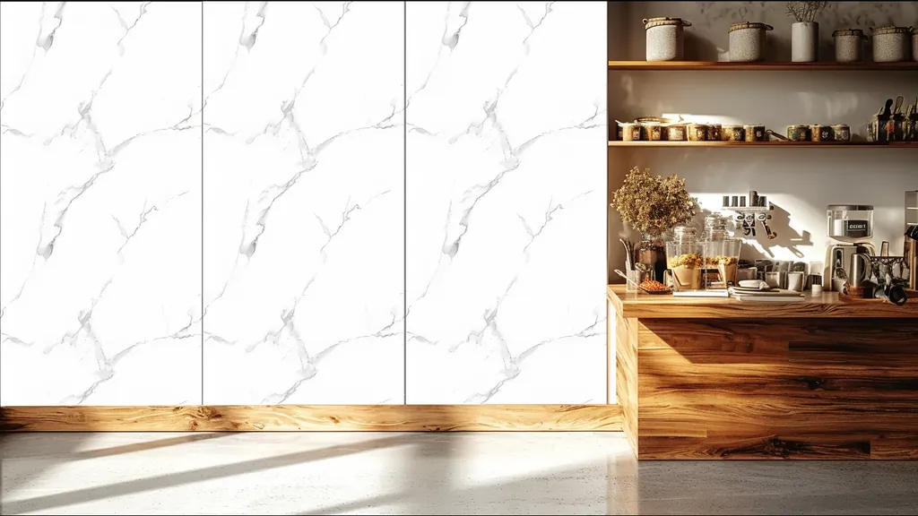 Interior con pared revestida en panel decorativo Ultrapanel acabado mármol