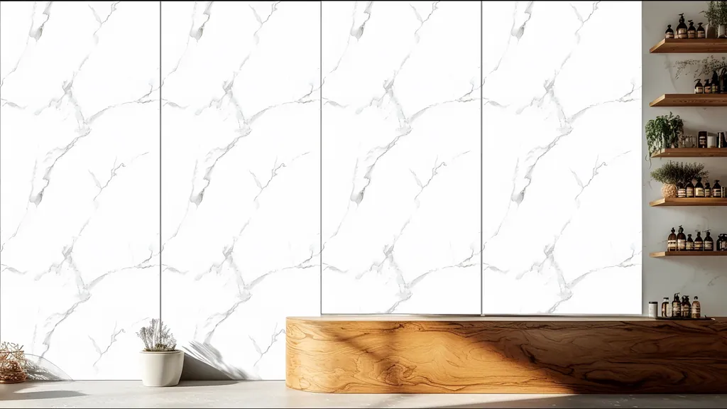 Pared de interior revestida con panel mármol blanco con vetas grises sobre fondo blanco de Ultrapanel, ambiente 3