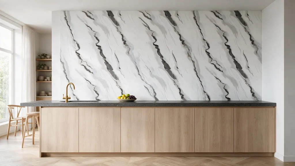 Una cocina con la pared revestida con el panel mármol blanco con vetas onduladas negras y grises de Ultrapanel