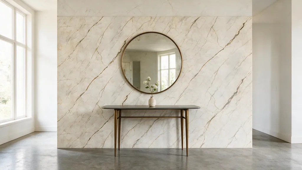 Un recibidor con la pared revestida con el panel mármol crema cálido con vetas marrones naturales de Ultrapanel