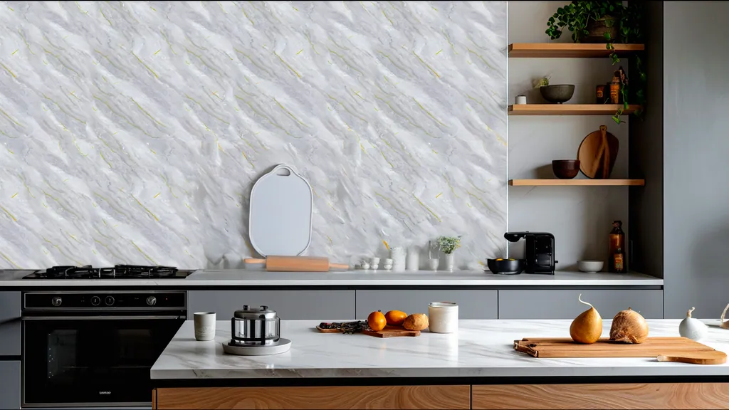 Pared de interior revestida con panel mármol gris claro con detalles dorados elegantes de Ultrapanel, ambiente 1