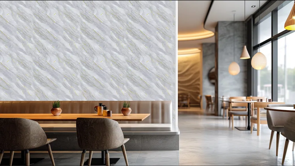 Comedor y restauración con la pared revestida en panel decorativo Ultrapanel mármol gris claro con detalles dorados elegantes