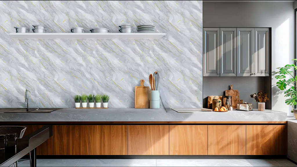 Pared de interior revestida con panel mármol gris claro con detalles dorados elegantes de Ultrapanel, ambiente 4