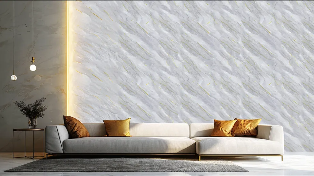 Salón con la pared revestida en panel decorativo Ultrapanel mármol gris claro con detalles dorados elegantes