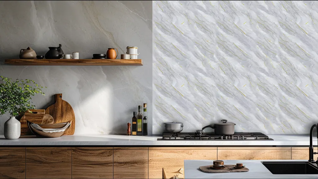 Cocina con la pared revestida en panel decorativo Ultrapanel mármol gris claro con detalles dorados elegantes