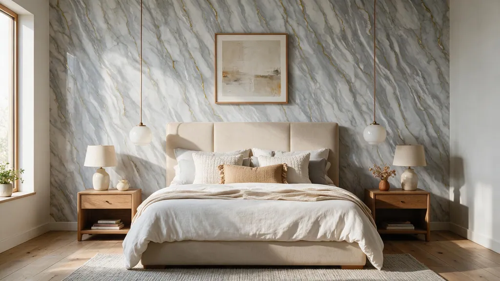 Un dormitorio principal con la pared revestida con el panel mármol gris claro con vetas doradas sofisticadas de Ultrapanel