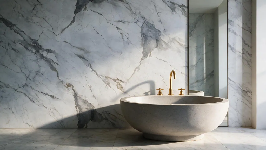 Un baño con la pared revestida con el panel mármol gris claro con vetas profundas naturales de Ultrapanel