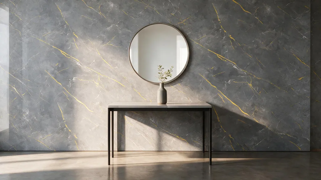 Un recibidor con la pared revestida con el panel mármol gris vibrante con vetas amarillas de Ultrapanel