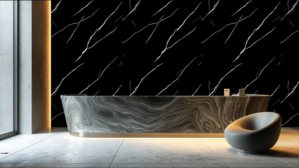 Pared de interior revestida con panel mármol negro clásico con vetas blancas muy definidas de Ultrapanel, ambiente 1