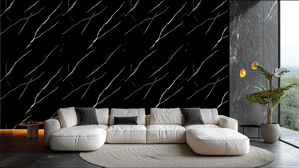 Pared de interior revestida con panel mármol negro clásico con vetas blancas muy definidas de Ultrapanel, ambiente 2