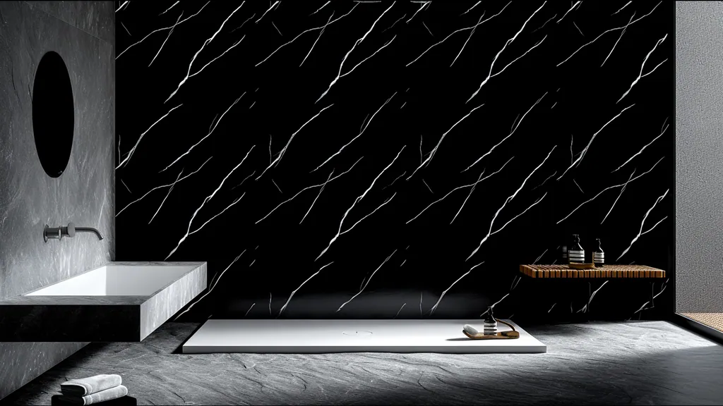 Pared de interior revestida con panel mármol negro clásico con vetas blancas muy definidas de Ultrapanel, ambiente 3
