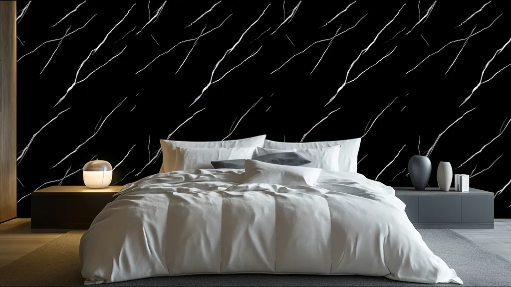 Pared de interior revestida con panel mármol negro clásico con vetas blancas muy definidas de Ultrapanel, ambiente 4