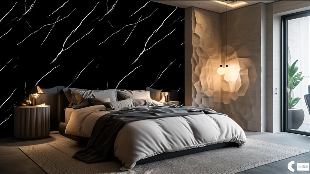 Pared de interior revestida con panel mármol negro clásico con vetas blancas muy definidas de Ultrapanel, ambiente 5