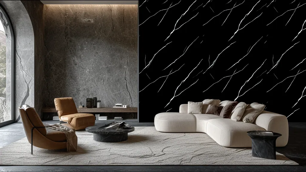 Pared de interior revestida con panel mármol negro clásico con vetas blancas muy definidas de Ultrapanel, ambiente 6