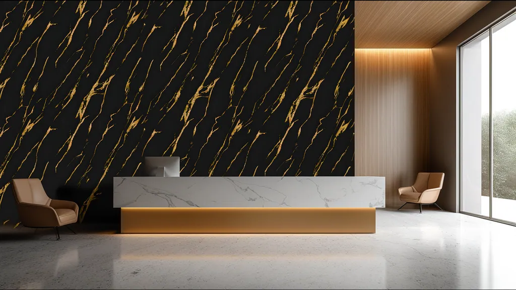 Pared de interior revestida con panel mármol negro elegante con vetas doradas de Ultrapanel, ambiente 1