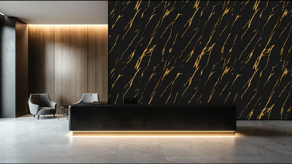 Pared de interior revestida con panel mármol negro elegante con vetas doradas de Ultrapanel, ambiente 2