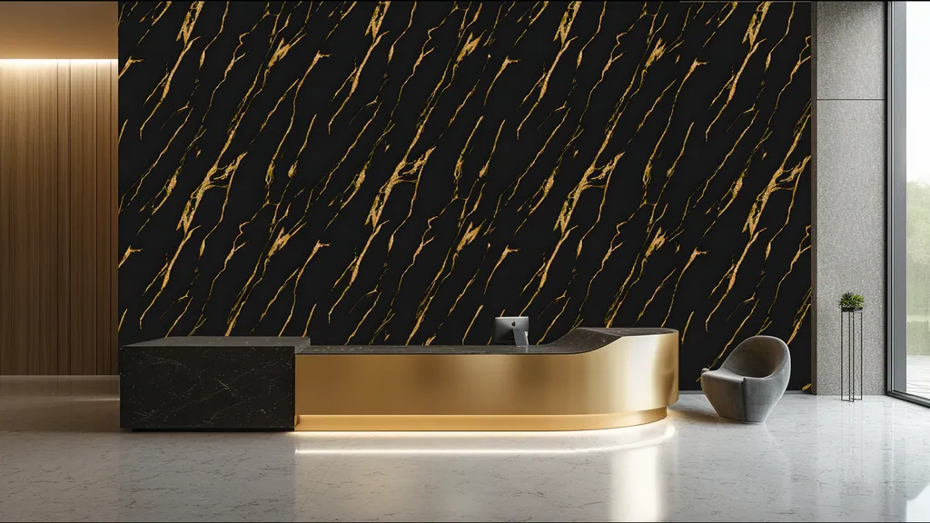 Pared de interior revestida con panel mármol negro elegante con vetas doradas de Ultrapanel, ambiente 3