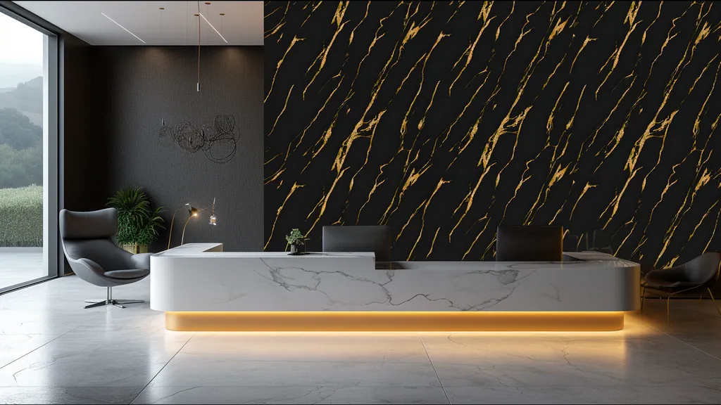 Pared de interior revestida con panel mármol negro elegante con vetas doradas de Ultrapanel, ambiente 4