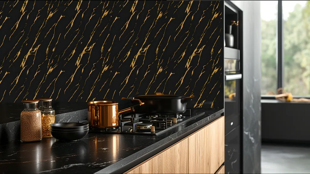Cocina contemporánea con frente revestido en panel decorativo de PVC acabado mármol negro con vetas doradas