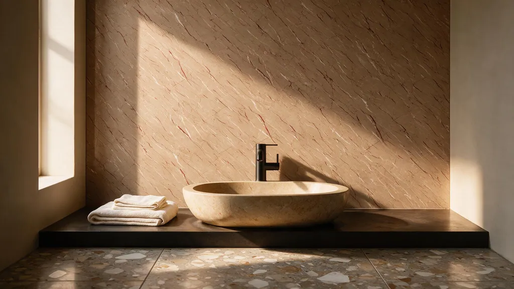 Un baño con la pared revestida con el panel ámbar 44 de Ultrapanel
