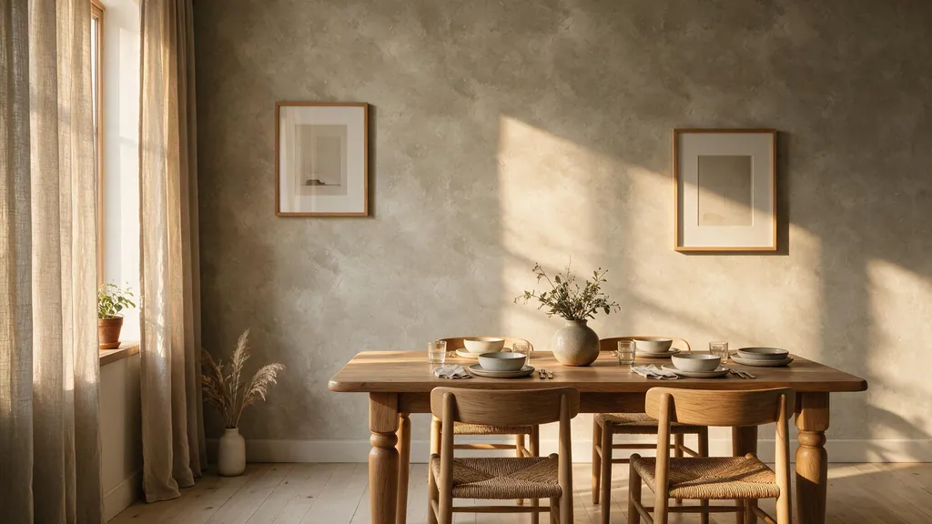 Comedor de estilo japandi con pared revestida en panel decorativo Ultrapanel en tono arena
