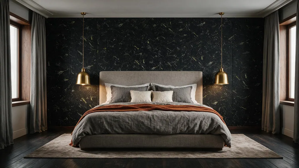 Dormitorio con la pared del cabecero revestida en panel decorativo Ultrapanel en tono antracita