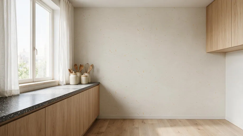Una cocina con la pared revestida con el panel arena 41 de Ultrapanel