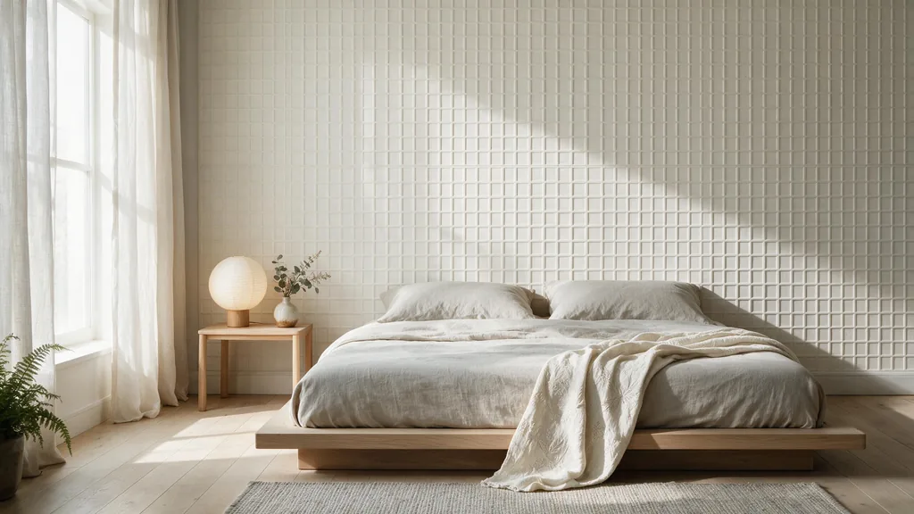 Un dormitorio de estilo japandi con la pared revestida con el panel blanco 25 de Ultrapanel