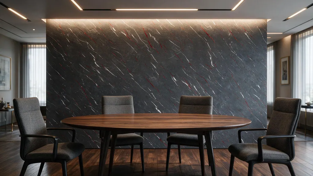 Una sala de reuniones con la pared revestida con el panel grafito 46 de Ultrapanel