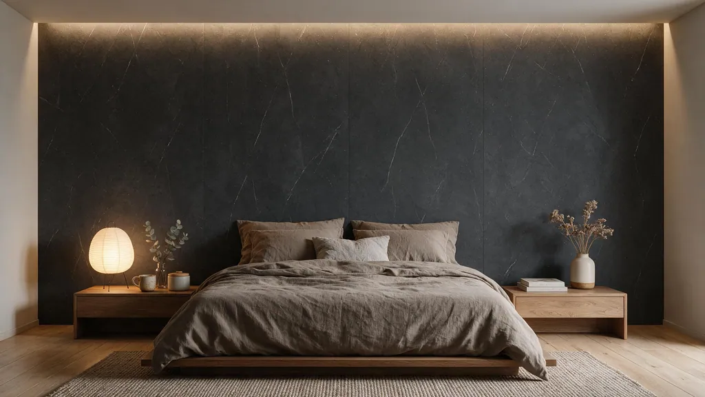 Un dormitorio de estilo japandi con la pared revestida con el panel grafito 63 de Ultrapanel