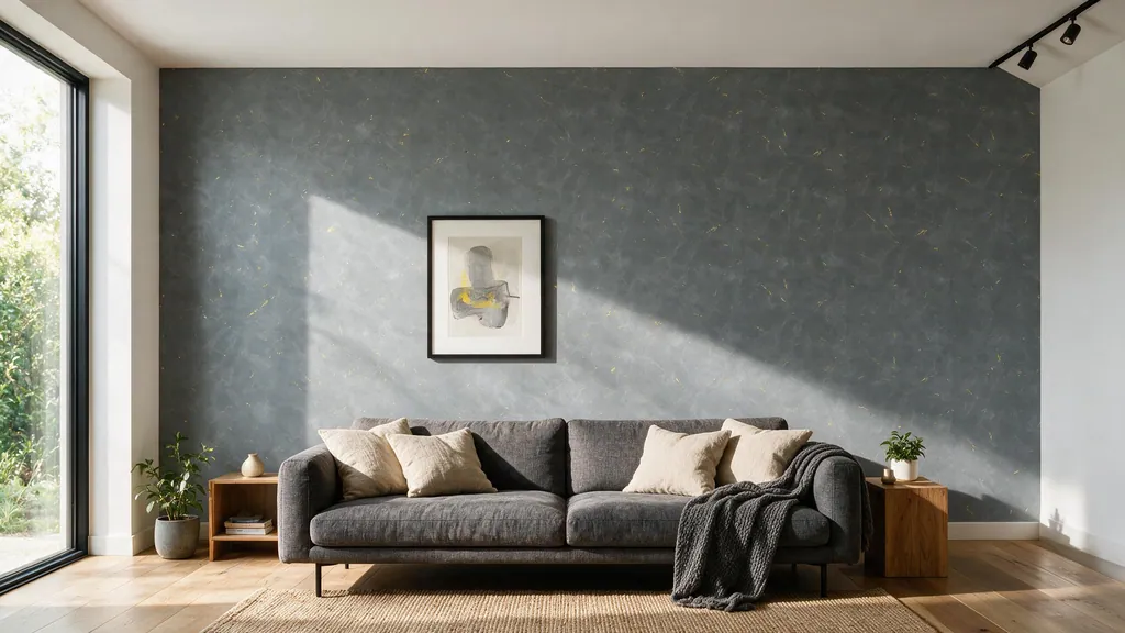 Un salón minimalista con la pared revestida con el panel gris humo 42 de Ultrapanel